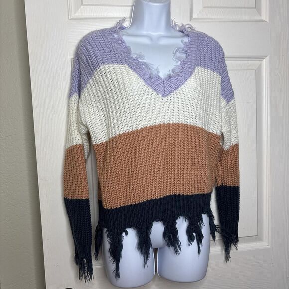 Love Tree S Distressed Colorblock Knit Sweater Lavender Cream Tan Navy Women’s - Picture 1 of 6